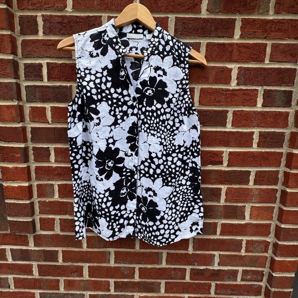 Tweeds 100% Linen Shirt Womens Medium Black White Floral Sleeveless